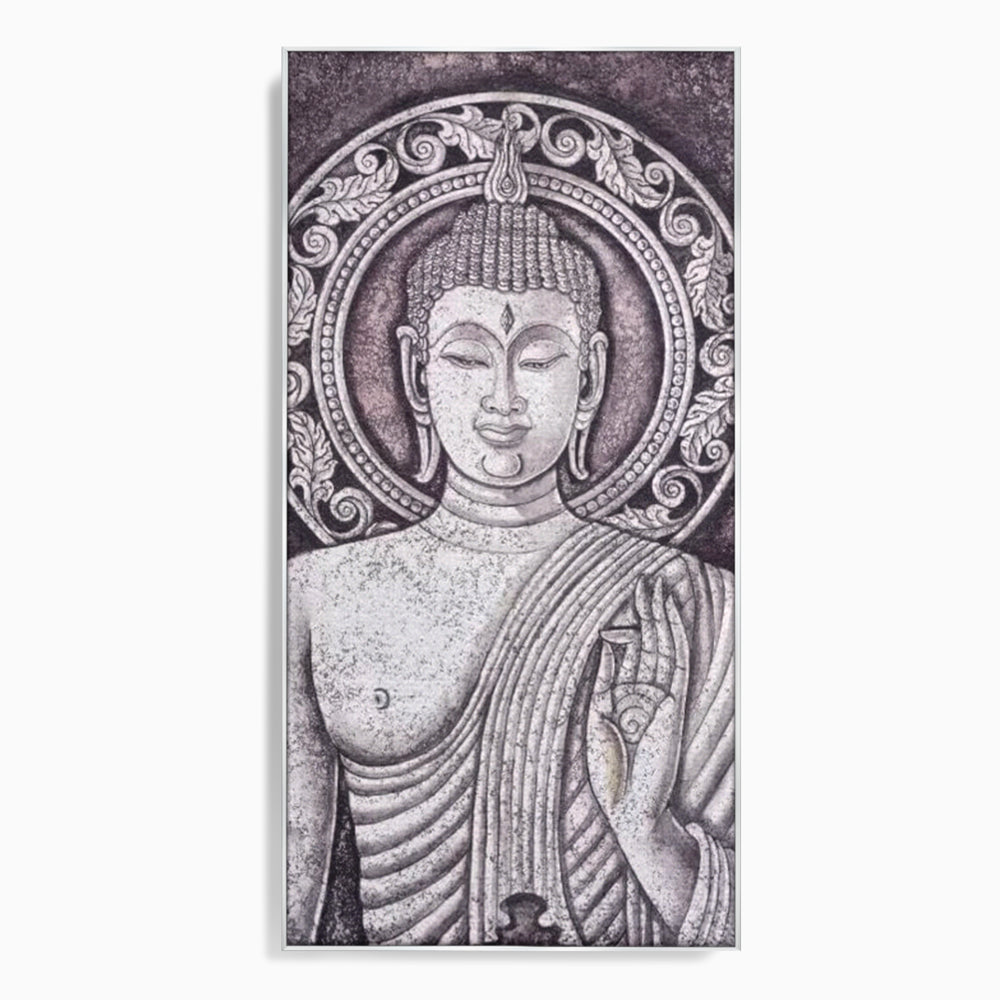Tablou canvas cu tablou canvas cu chipul lui buddha, in rama de aluminiu argintiu